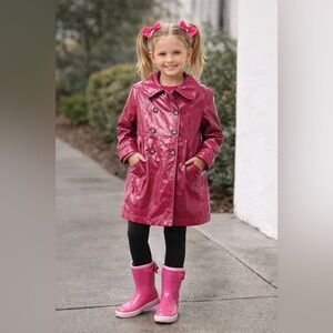 Talbots Kids SZ 7 Pink Patent Raincoat Trench Jacket Glossy Double Breasted